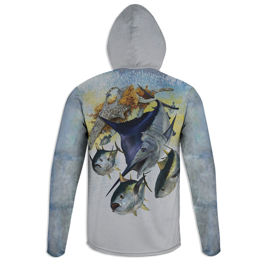 Marlin and Tunas - Unisex Long Sleeve Sun Proof Performance Fishing Top with built in Hoodie and Gaiter (short sleeve option also available)