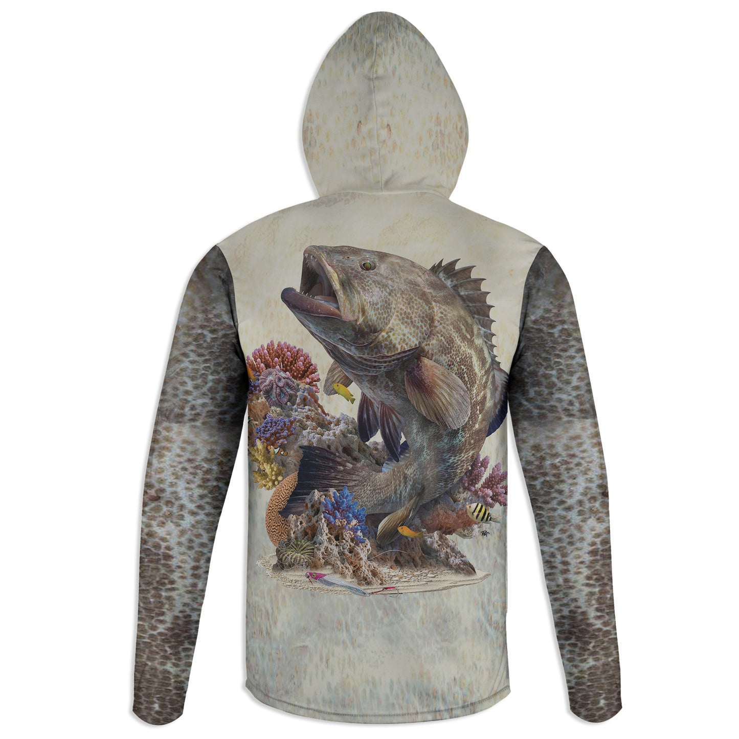 Black Grouper - Unisex Long Sleeve Sun Proof Performance Fishing Top with built in Hoodie and Gaiter (short sleeve option also available)