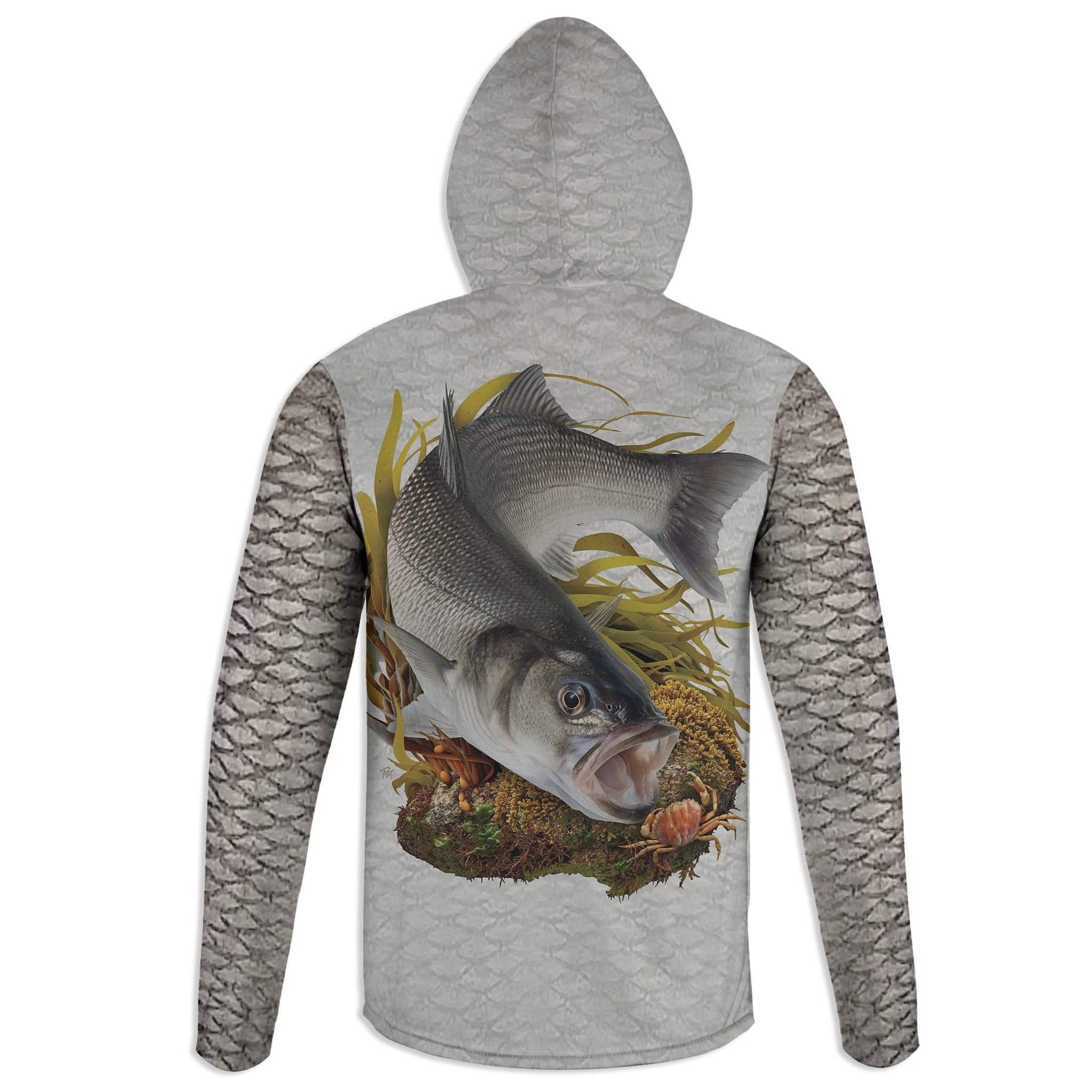 British Sea Bass - Unisex Long Sleeve Sun Proof Performance Fishing Top with built in Hoodie and Gaiter (short sleeve option also available)
