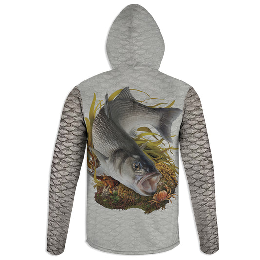 British Sea Bass - Unisex Long Sleeve Sun Proof Performance Fishing Top with built in Hoodie and Gaiter (short sleeve option also available)