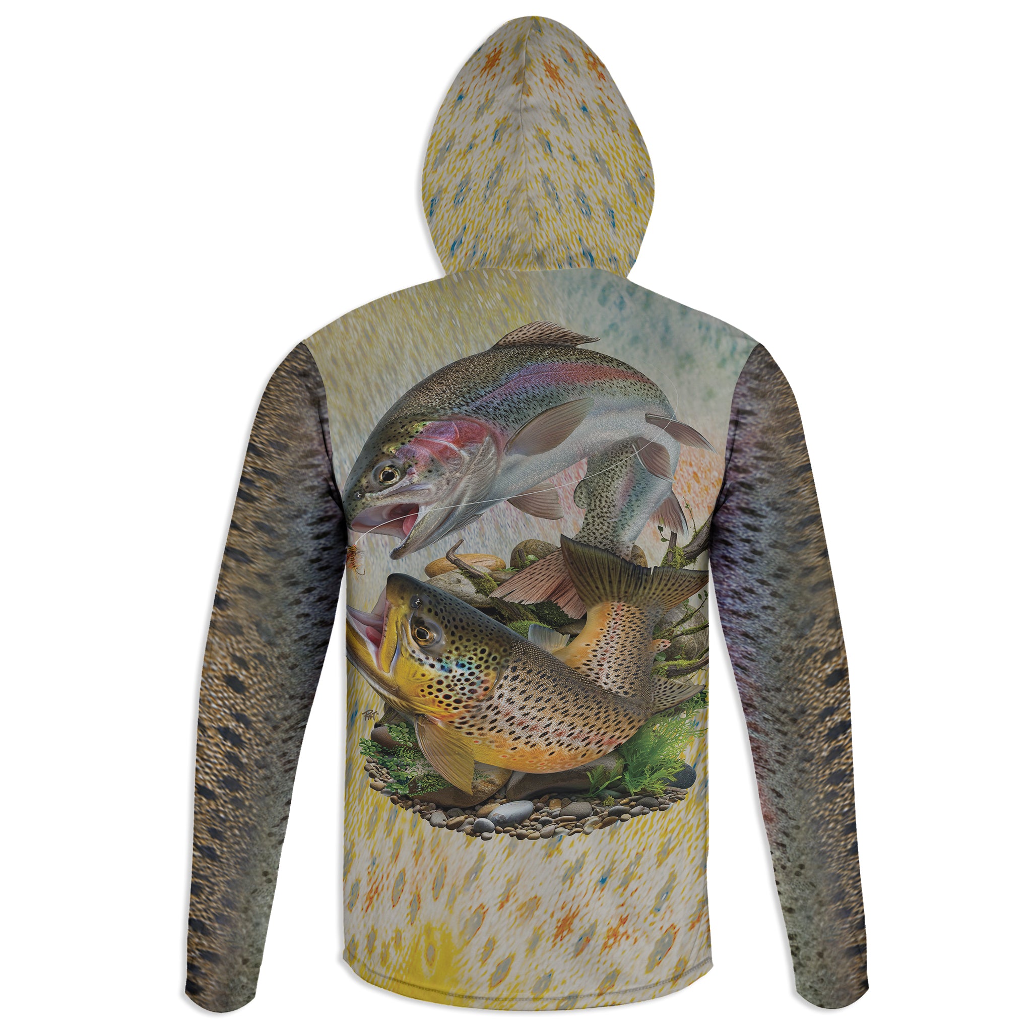 Brown and Rainbow Trout - Unisex Long Sleeve Sun Proof Performance Fishing Top with built in Hoodie and Gaiter (short sleeve option also available)