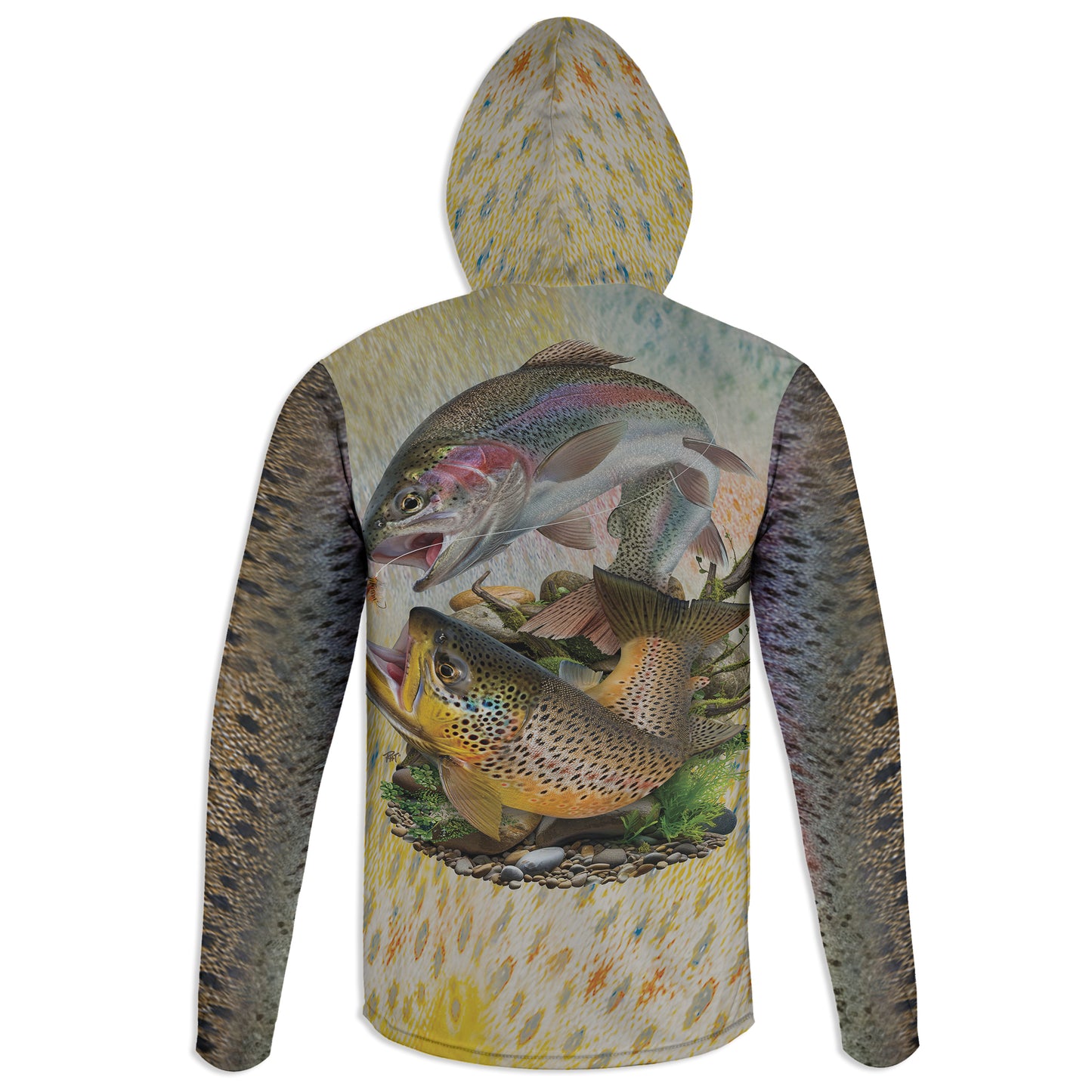 Brown and Rainbow Trout - Unisex Long Sleeve Sun Proof Performance Fishing Top with built in Hoodie and Gaiter (short sleeve option also available)