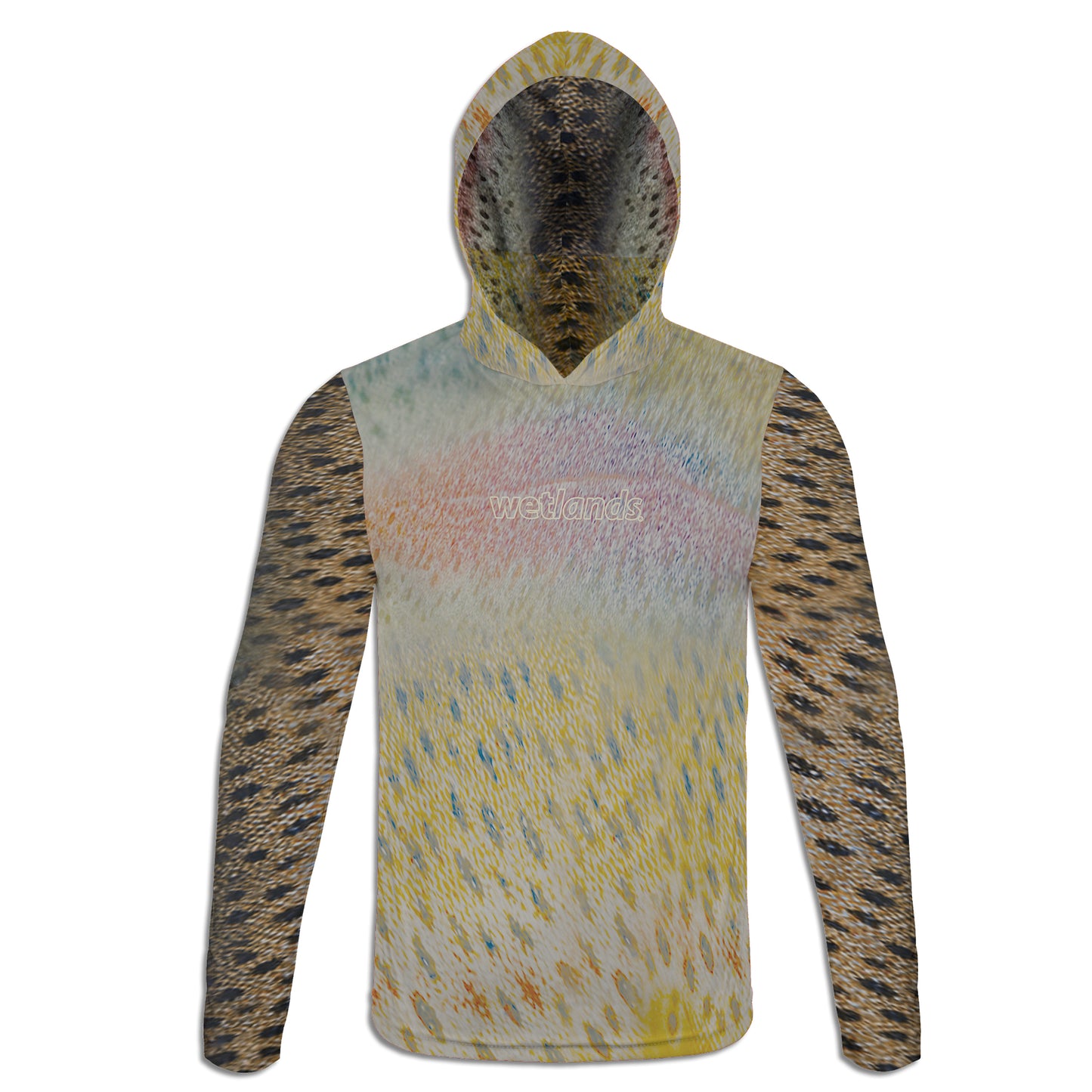 Brown and Rainbow Trout - Unisex Long Sleeve Sun Proof Performance Fishing Top with built in Hoodie and Gaiter (short sleeve option also available)