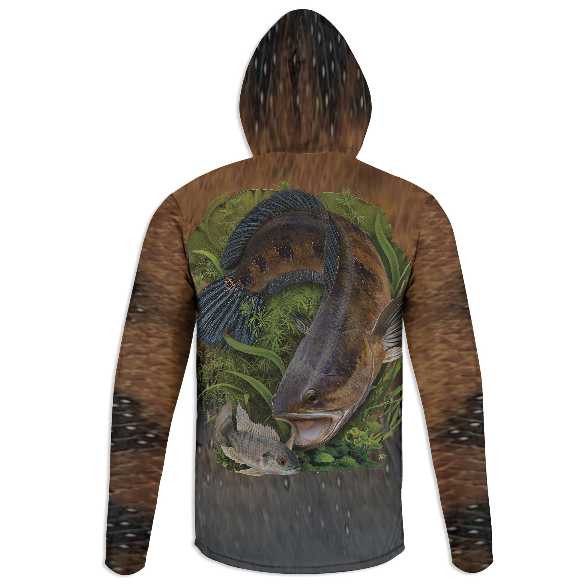 Bullseye and Tilapia - Unisex Long Sleeve Sun Proof Performance Fishing Top with built in Hoodie and Gaiter (short sleeve option also available)
