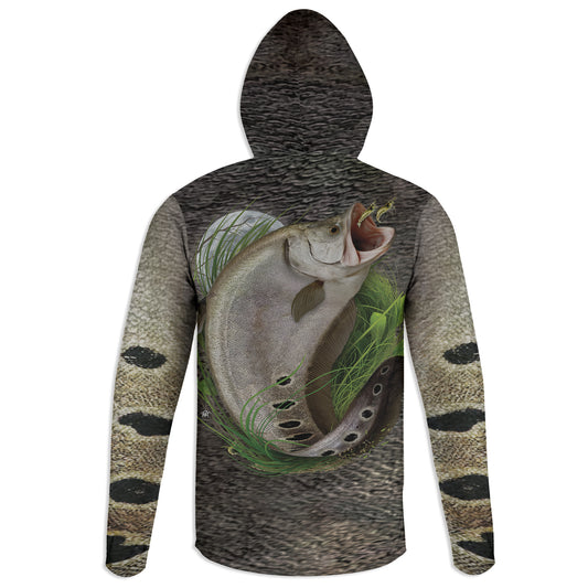 Clown Knife and Grass Shrimp - Unisex Long Sleeve Sun Proof Performance Fishing Top with built in Hoodie and Gaiter (short sleeve option also available)