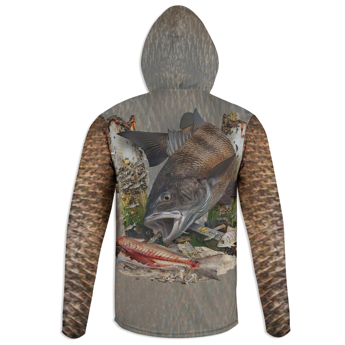 Dock Drum - Unisex Long Sleeve Sun Proof Performance Fishing Top with built in Hoodie and Gaiter (short sleeve option also available)