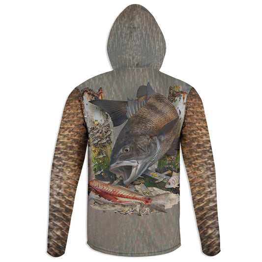 Dock Drum - Unisex Long Sleeve Sun Proof Performance Fishing Top with built in Hoodie and Gaiter (short sleeve option also available)