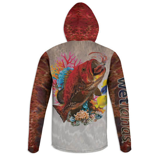 Fireback Grouper - Unisex Long Sleeve Sun Proof Performance Fishing Top with built in Hoodie and Gaiter (short sleeve option also available)