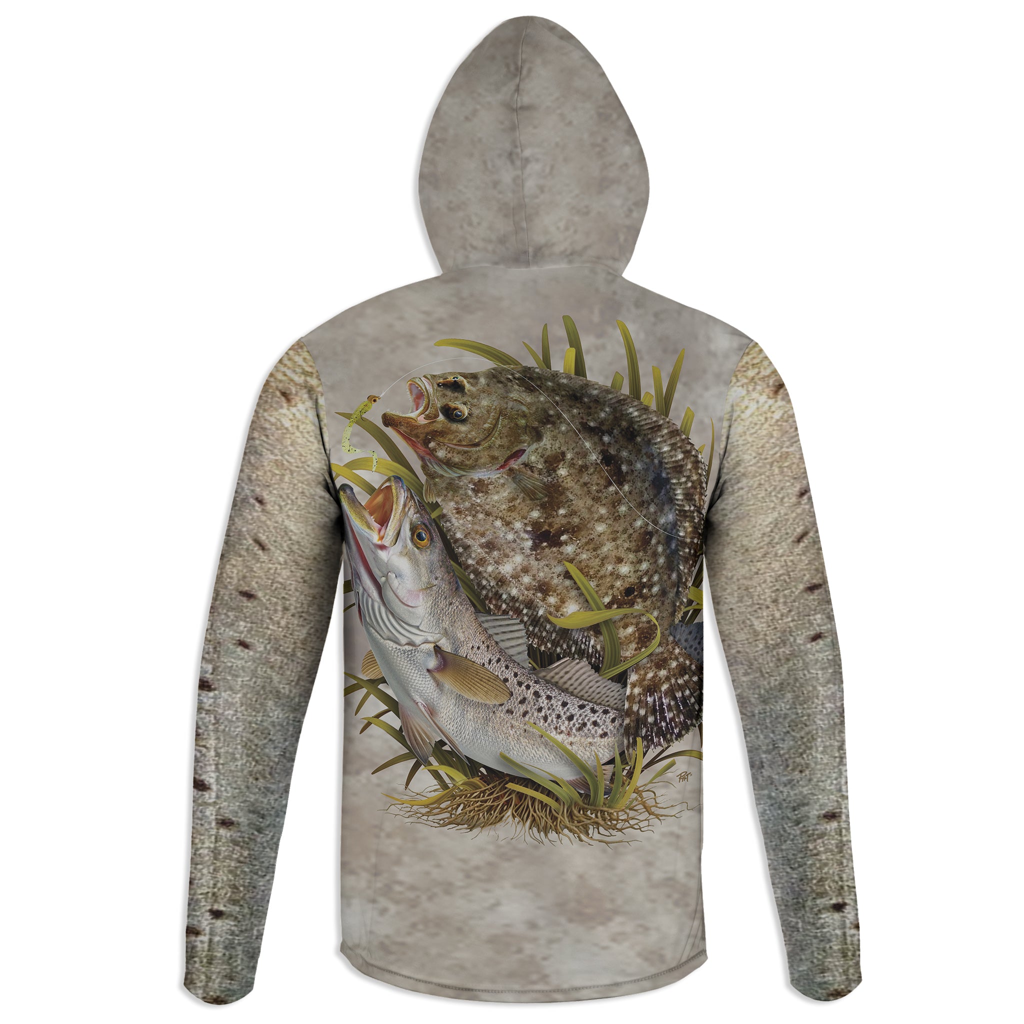 Flounder and Spec - Unisex Long Sleeve Sun Proof Performance Fishing Top with built in Hoodie and Gaiter (short sleeve option also available)
