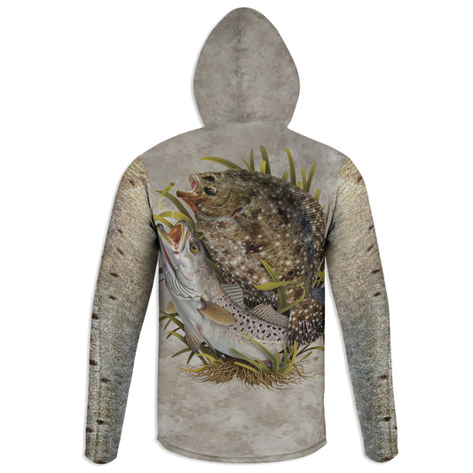 Flounder and Spec - Unisex Long Sleeve Sun Proof Performance Fishing Top with built in Hoodie and Gaiter (short sleeve option also available)