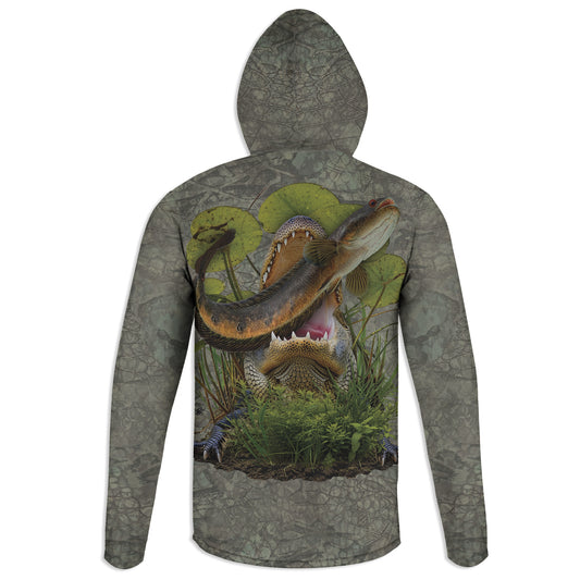 Gator and Snakehead - Unisex Long Sleeve Sun Proof Performance Fishing Top with built in Hoodie and Gaiter (short sleeve option also available)