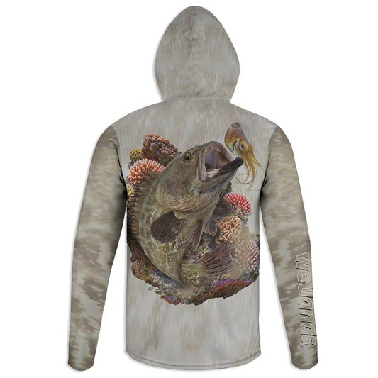 Grouper and Cuttlefish- Unisex Long Sleeve Sun Proof Performance Fishing Top with built in Hoodie and Gaiter (short sleeve option also available)