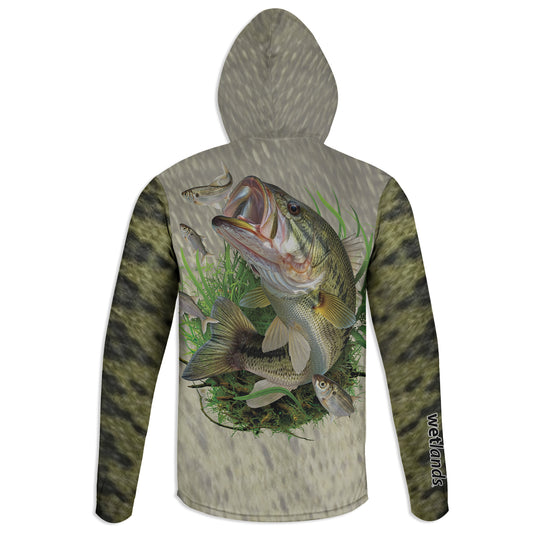 Largemouth and Shad - Unisex Long Sleeve Sun Proof Performance Fishing Top with built in Hoodie and Gaiter (short sleeve option also available)