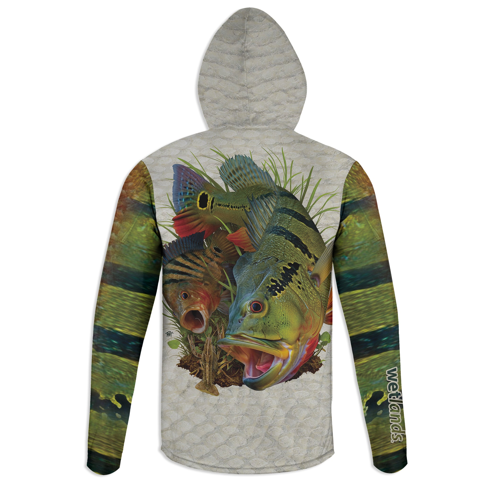 Mayan and Peacock - Unisex Long Sleeve Sun Proof Performance Fishing Top with built in Hoodie and Gaiter (short sleeve option also available)