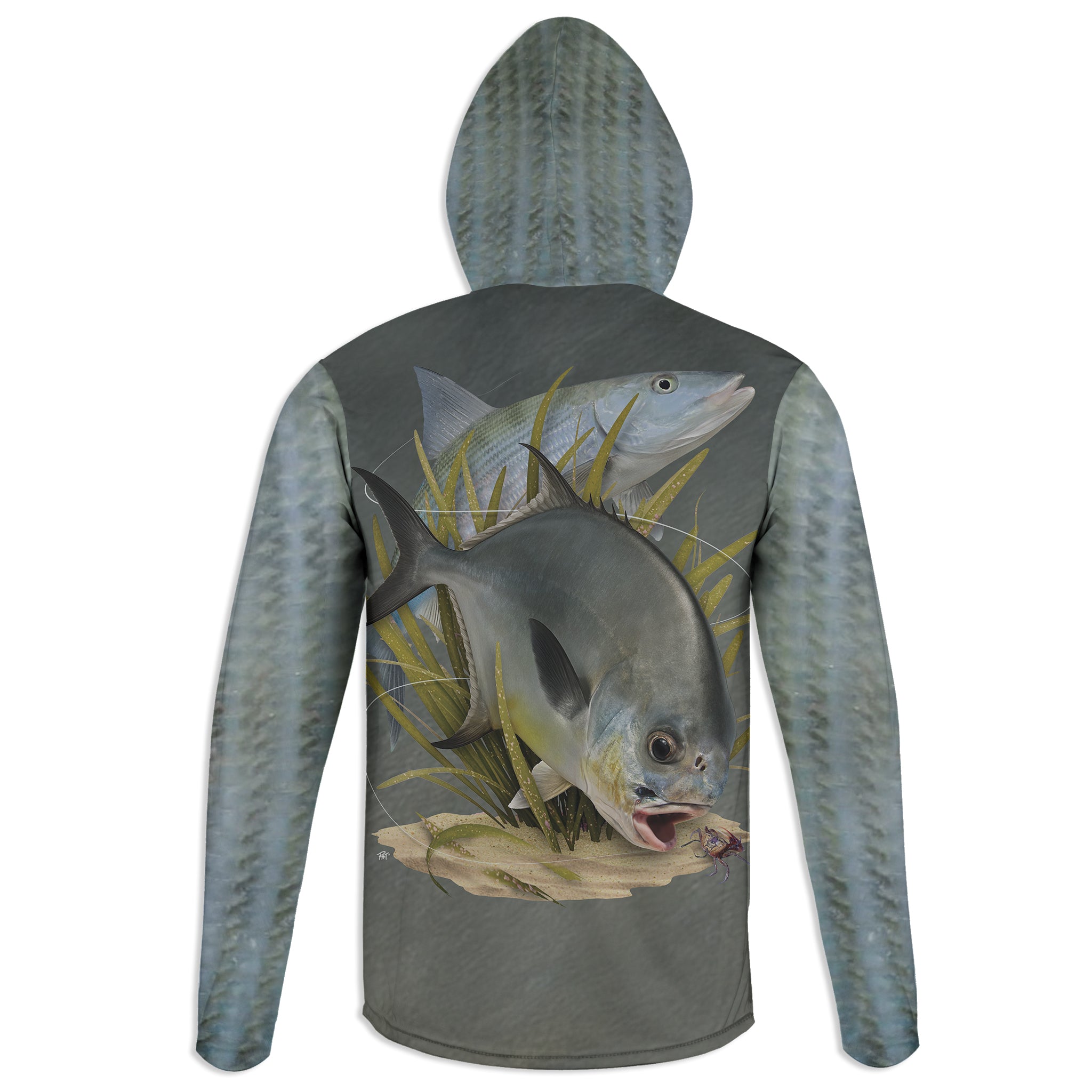 Permit and Bonefish - Unisex Long Sleeve Sun Proof Performance Fishing Top with built in Hoodie and Gaiter (short sleeve option also available)