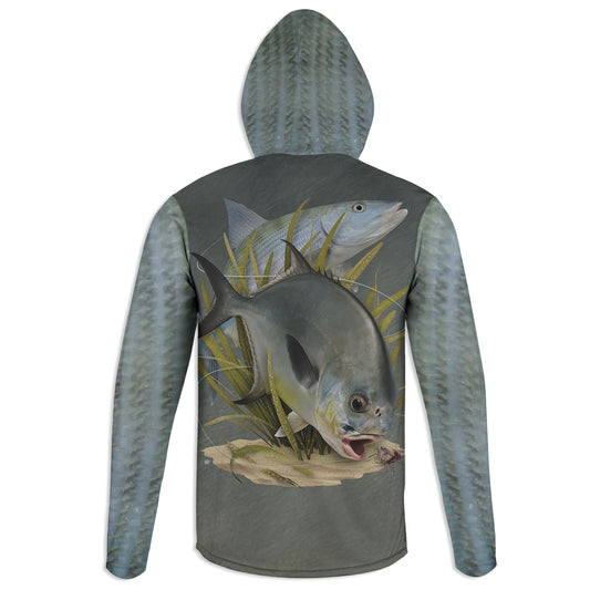 Permit and Bonefish - Unisex Long Sleeve Sun Proof Performance Fishing Top with built in Hoodie and Gaiter (short sleeve option also available)