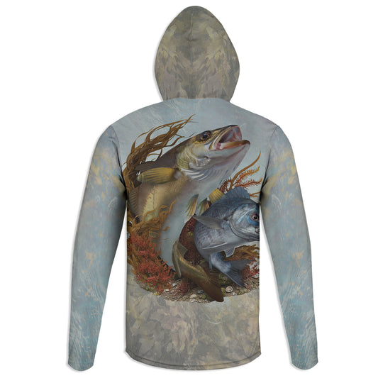 Pollack and Black Bream - Unisex Long Sleeve Sun Proof Performance Fishing Top with built in Hoodie and Gaiter (short sleeve option also available)