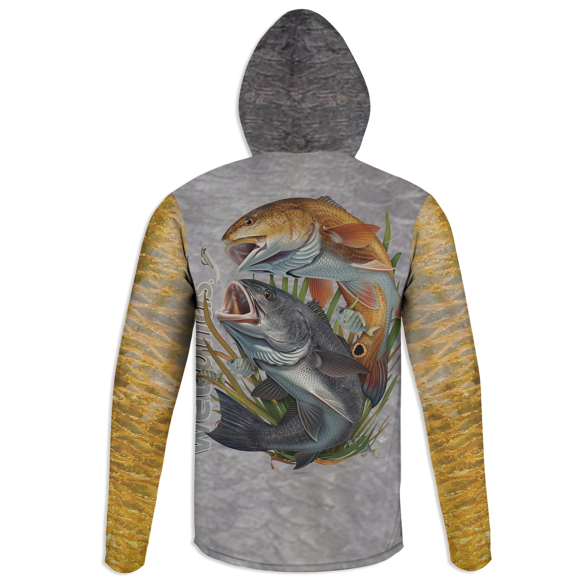 Redfish and Drum - Unisex Long Sleeve Sun Proof Performance Fishing Top with built in Hoodie and Gaiter (short sleeve option also available)