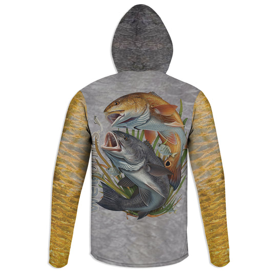 Redfish and Drum - Unisex Long Sleeve Sun Proof Performance Fishing Top with built in Hoodie and Gaiter (short sleeve option also available)