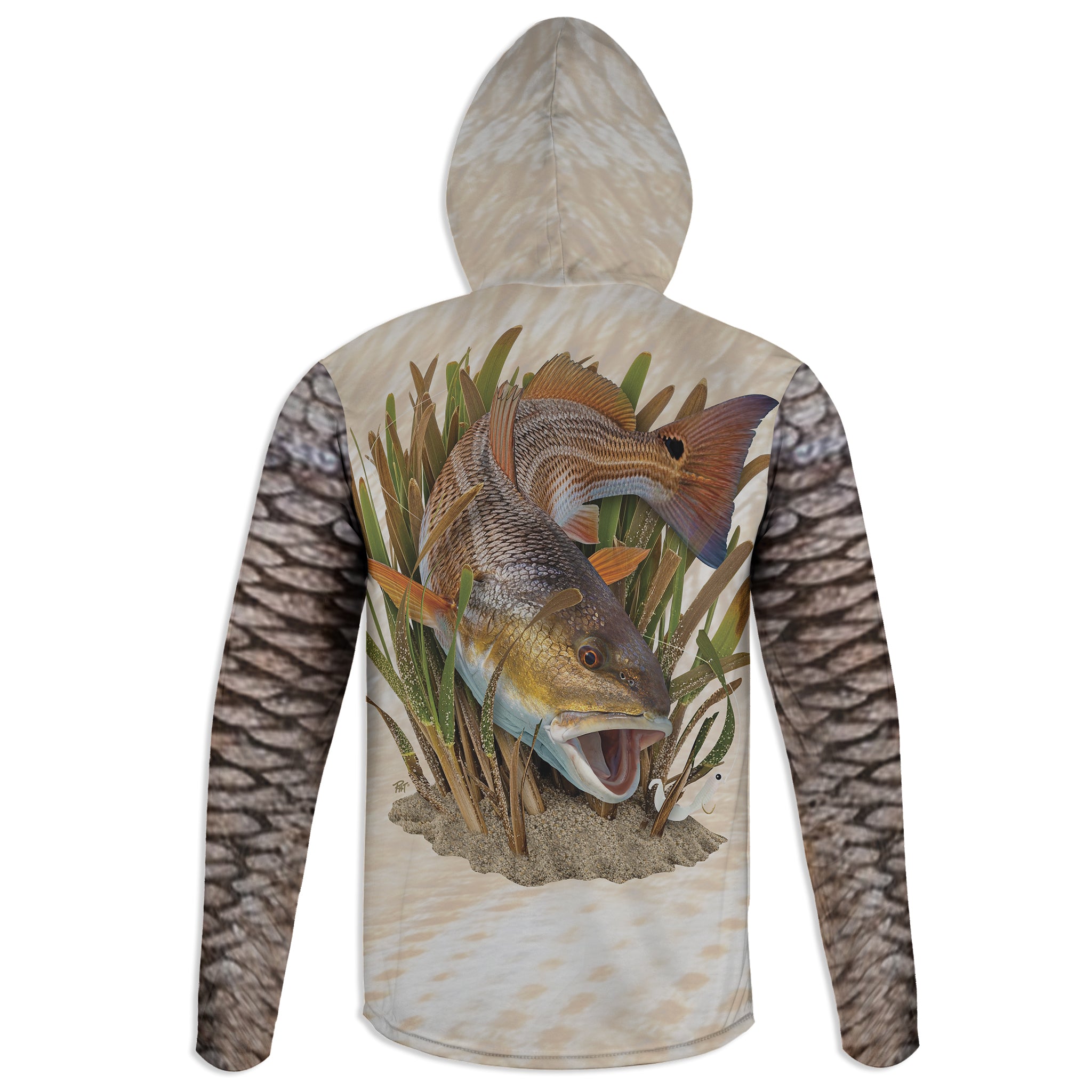 Redfish and Grub - Unisex Long Sleeve Sun Proof Performance Fishing Top with built in Hoodie and Gaiter (short sleeve option also available)