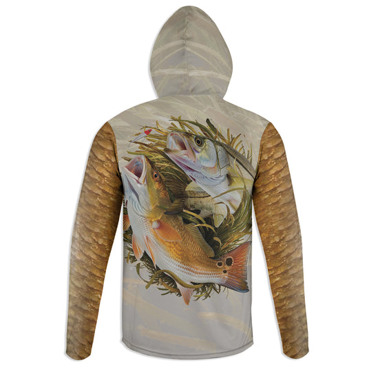 Redfish and Snook - Unisex Long Sleeve Sun Proof Performance Fishing Top with built in Hoodie and Gaiter (short sleeve option also available)