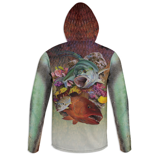 Roosterfish and Cubera - Unisex Long Sleeve Sun Proof Performance Fishing Top with built in Hoodie and Gaiter (short sleeve option also available)