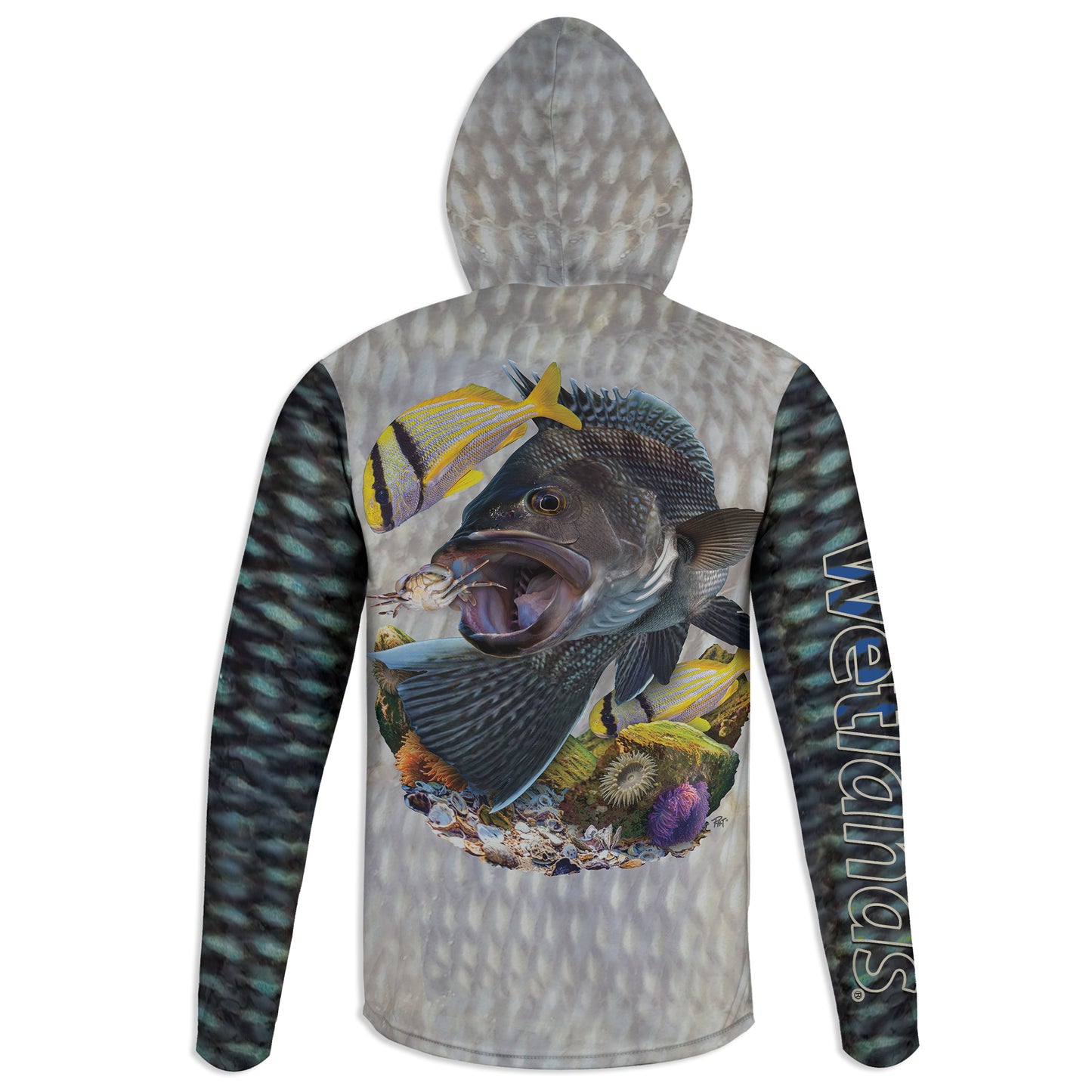 Black Sea Bass - Unisex Long Sleeve Sun Proof Performance Fishing Top with built in Hoodie and Gaiter (short sleeve option also available)