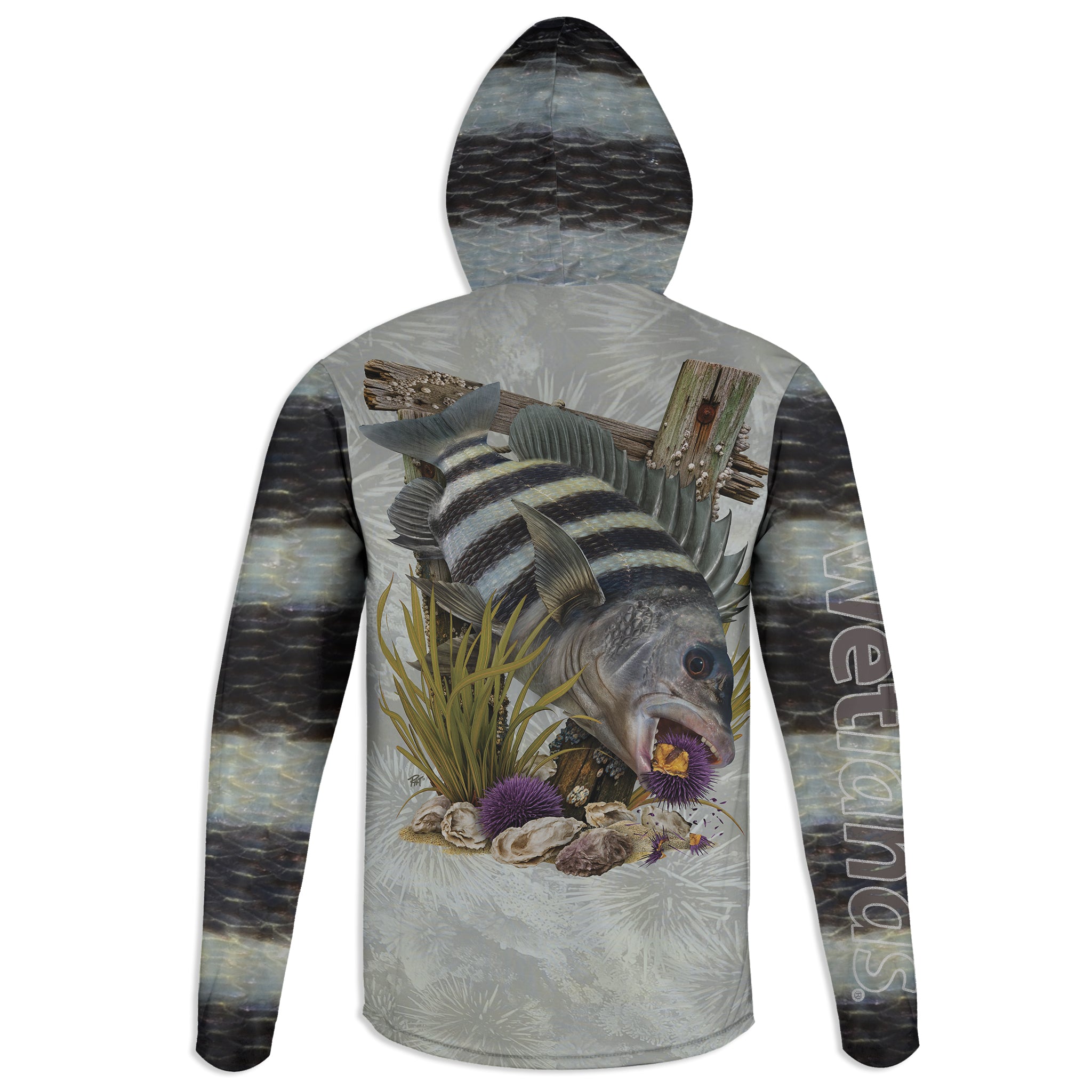 Sheepshead and Urchins - Unisex Long Sleeve Sun Proof Performance Fishing Top with built in Hoodie and Gaiter (short sleeve option also available)