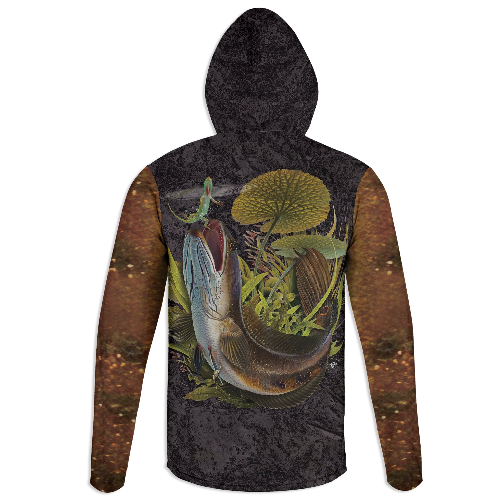 Snakehead and Anole Lizard - Unisex Long Sleeve Sun Proof Performance Fishing Top with built in Hoodie and Gaiter (short sleeve option also available)