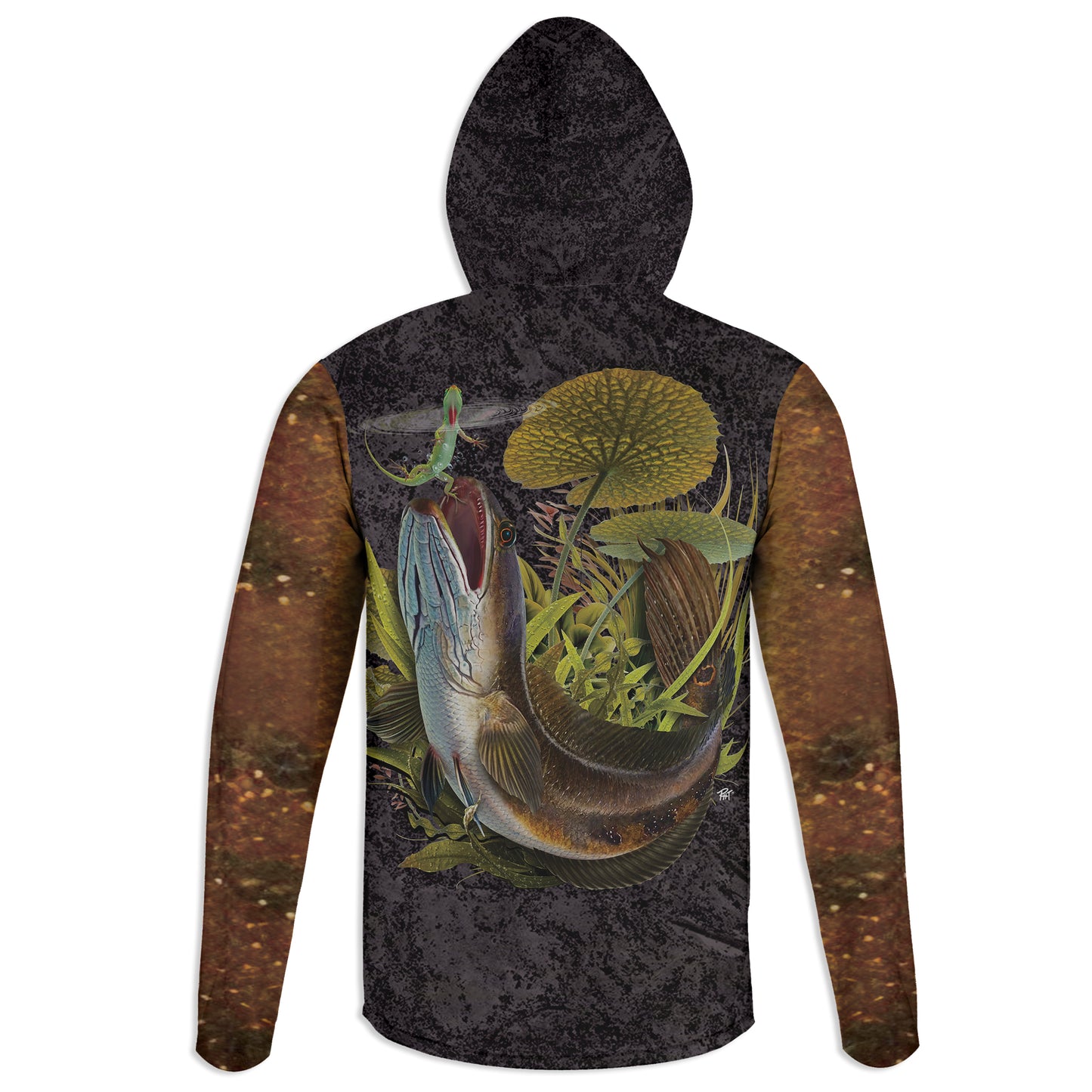 Snakehead and Anole Lizard - Unisex Long Sleeve Sun Proof Performance Fishing Top with built in Hoodie and Gaiter (short sleeve option also available)