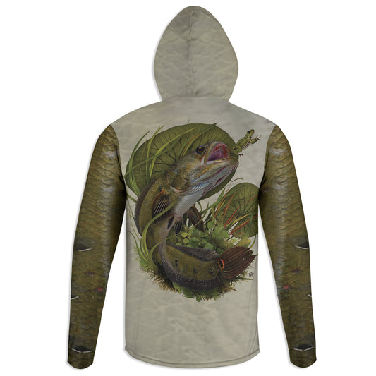 Snakehead and Frog - Unisex Long Sleeve Sun Proof Performance Fishing Top with built in Hoodie and Gaiter (short sleeve option also available)