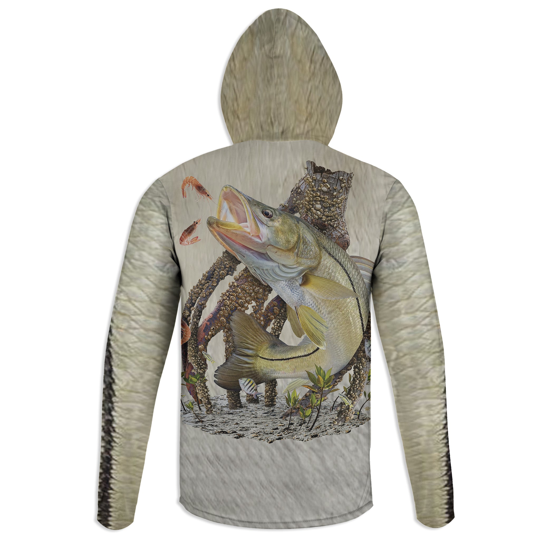 Snook and Pink Shrimp - Unisex Long Sleeve Sun Proof Performance Fishing Top with built in Hoodie and Gaiter (short sleeve option also available)