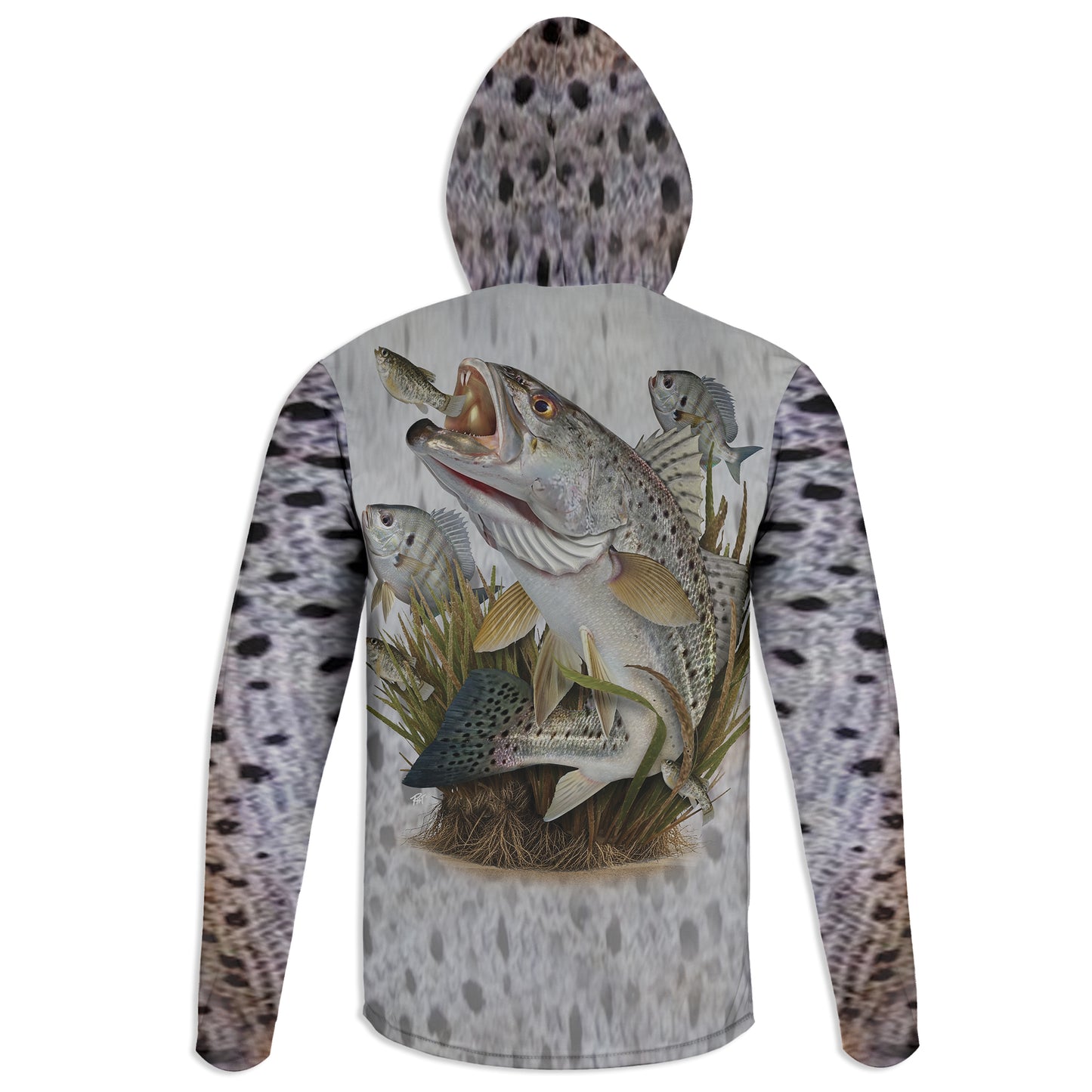 Speckled Sea Trout - Unisex Long Sleeve Sun Proof Performance Fishing Top with built in Hoodie and Gaiter (short sleeve option also available)