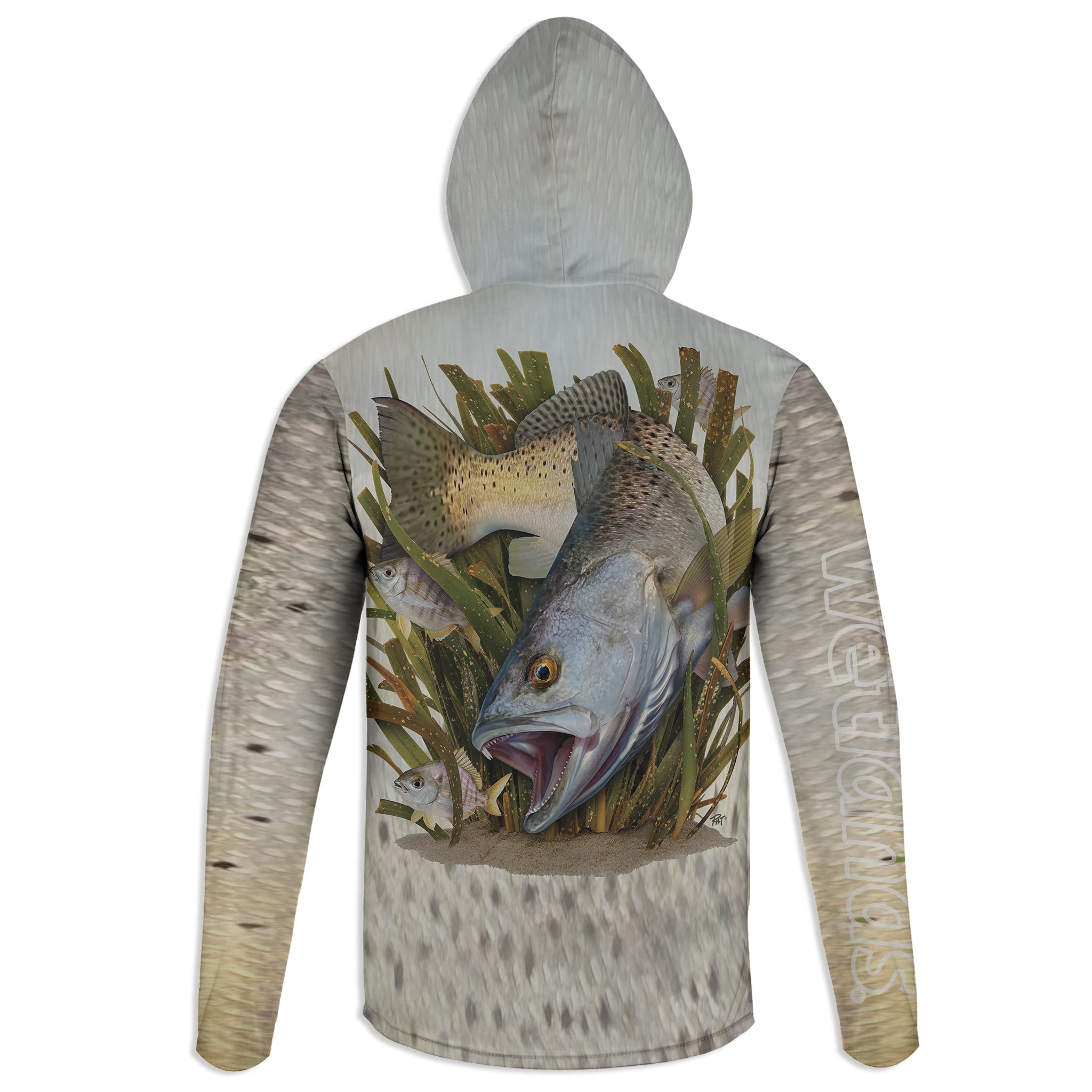 Speckled Trout and Pinfish - Unisex Long Sleeve Sun Proof Performance Fishing Top with built in Hoodie and Gaiter (short sleeve option also available)