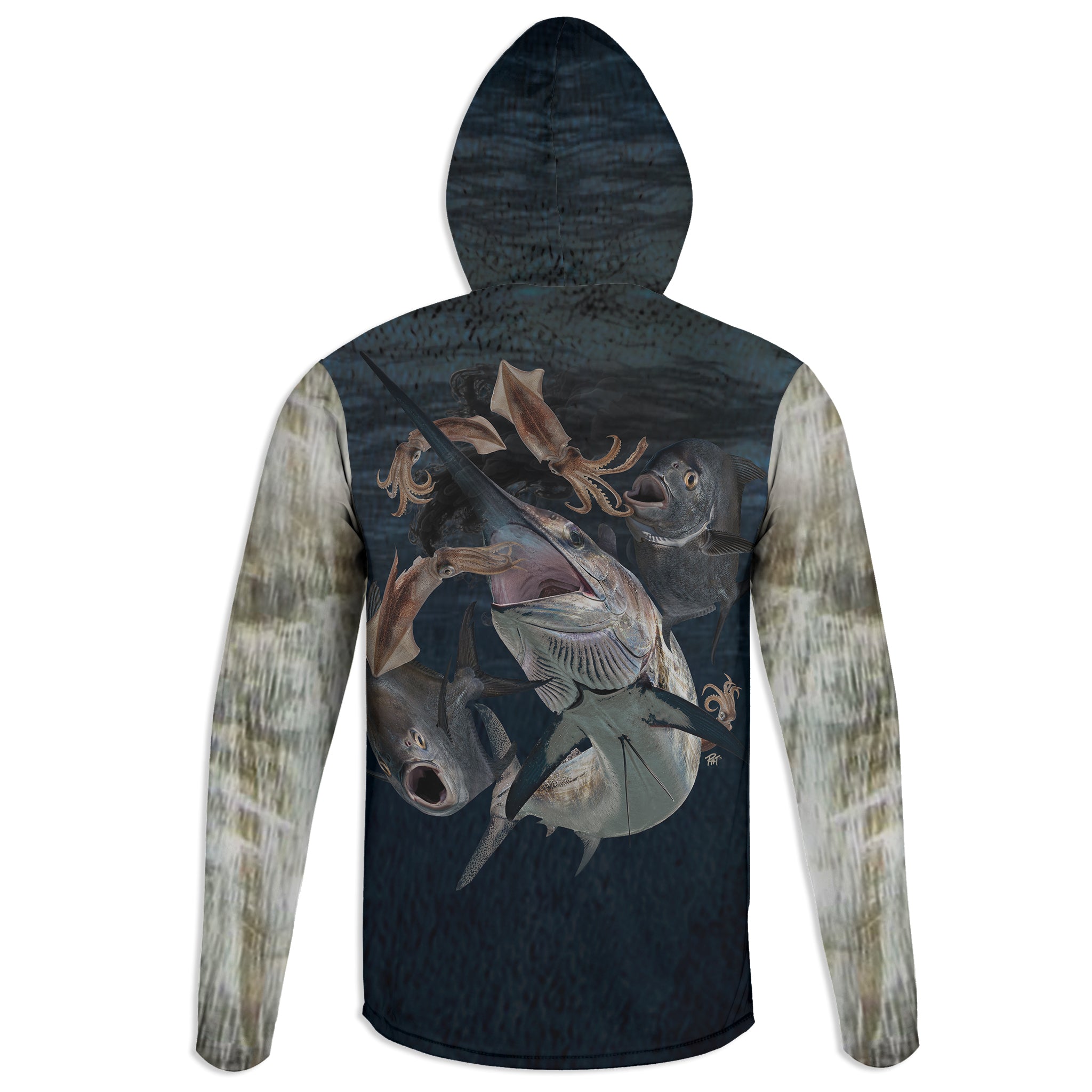 Swordfish and Pomfret - Unisex Long Sleeve Sun Proof Performance Fishing Top with built in Hoodie and Gaiter (short sleeve option also available)