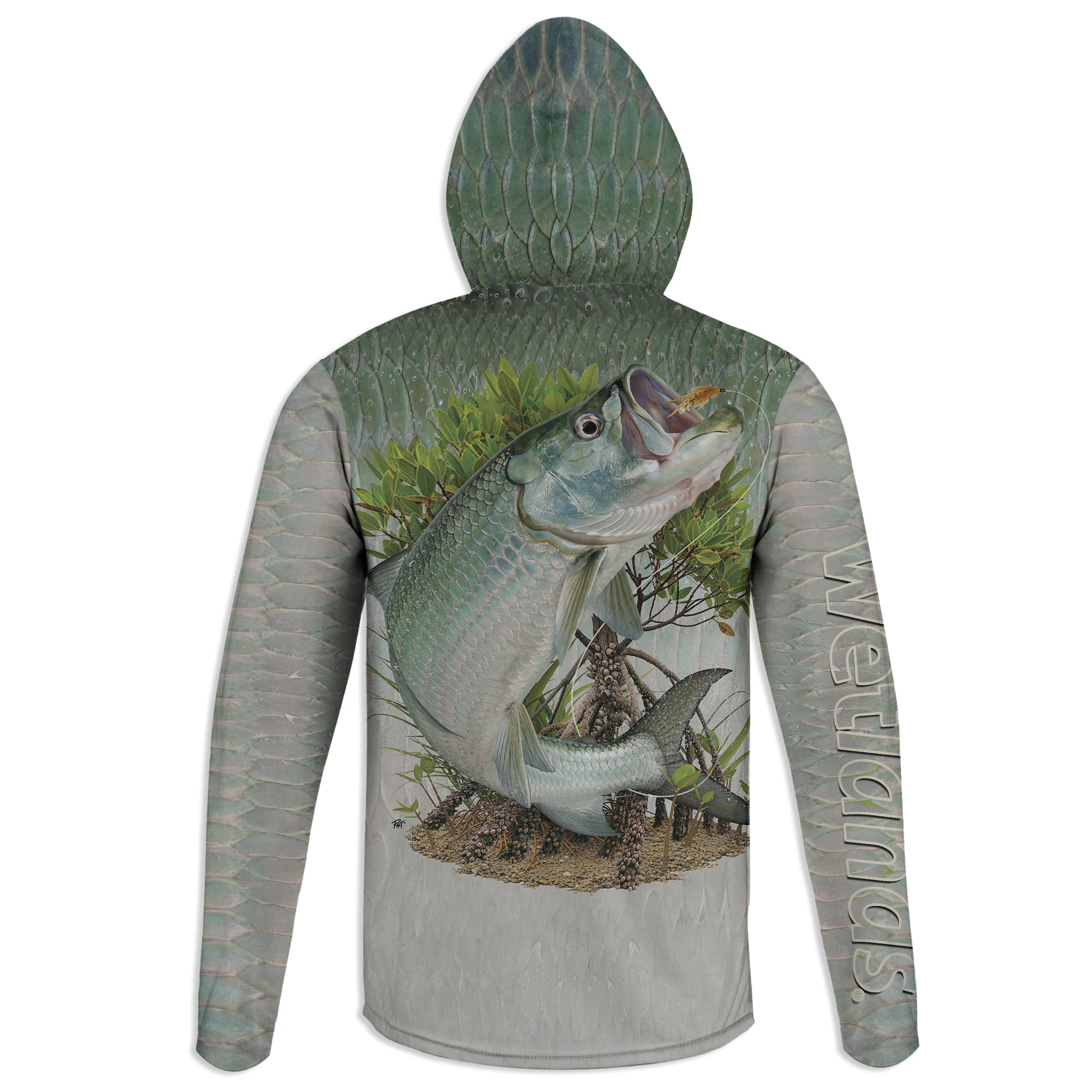 Tarpon on Fly - Unisex Long Sleeve Sun Proof Performance Fishing Top with built in Hoodie and Gaiter (short sleeve option also available)