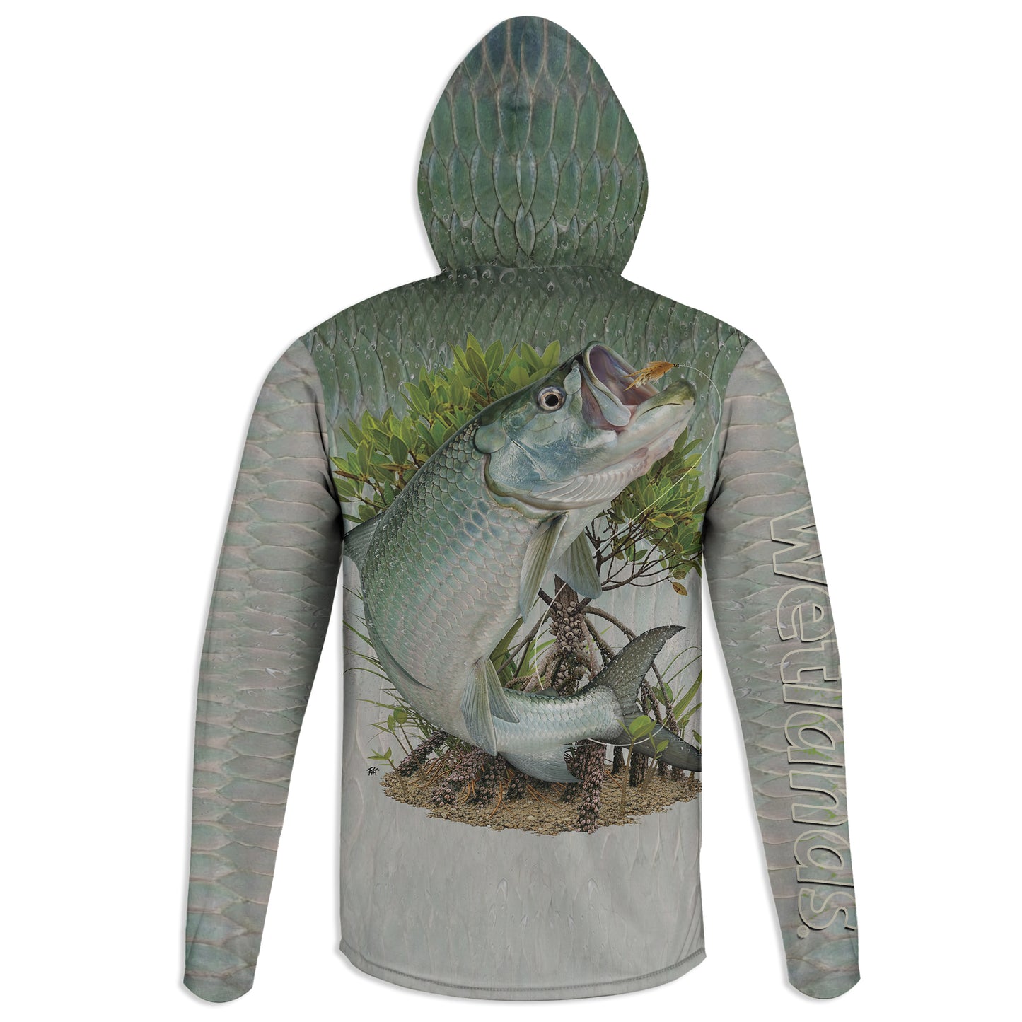 Tarpon on Fly - Unisex Long Sleeve Sun Proof Performance Fishing Top with built in Hoodie and Gaiter (short sleeve option also available)