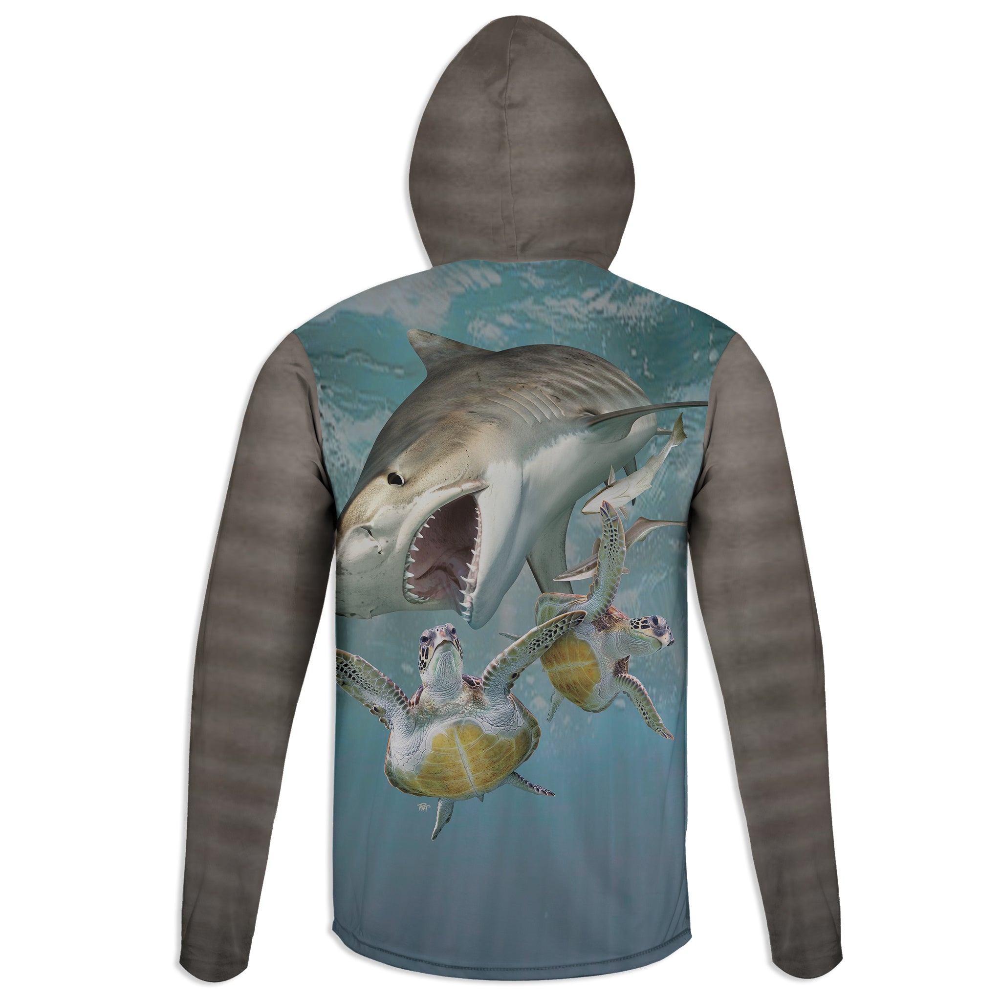 Tiger Shark and Sea Turtles - Unisex Long Sleeve Sun Proof Performance Fishing Top with built in Hoodie and Gaiter (short sleeve option also available)