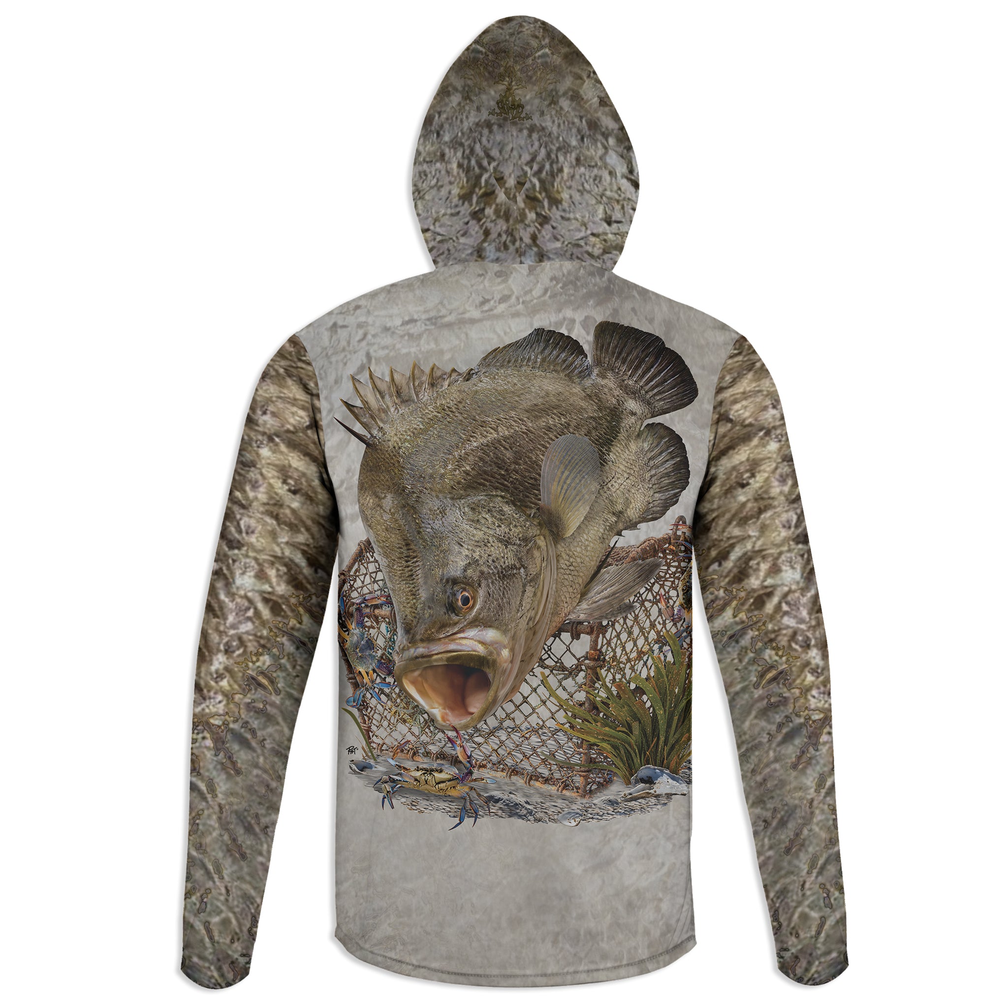 Tripletail and Crab Cage - Unisex Long Sleeve Sun Proof Performance Fishing Top with built in Hoodie and Gaiter (short sleeve option also available)