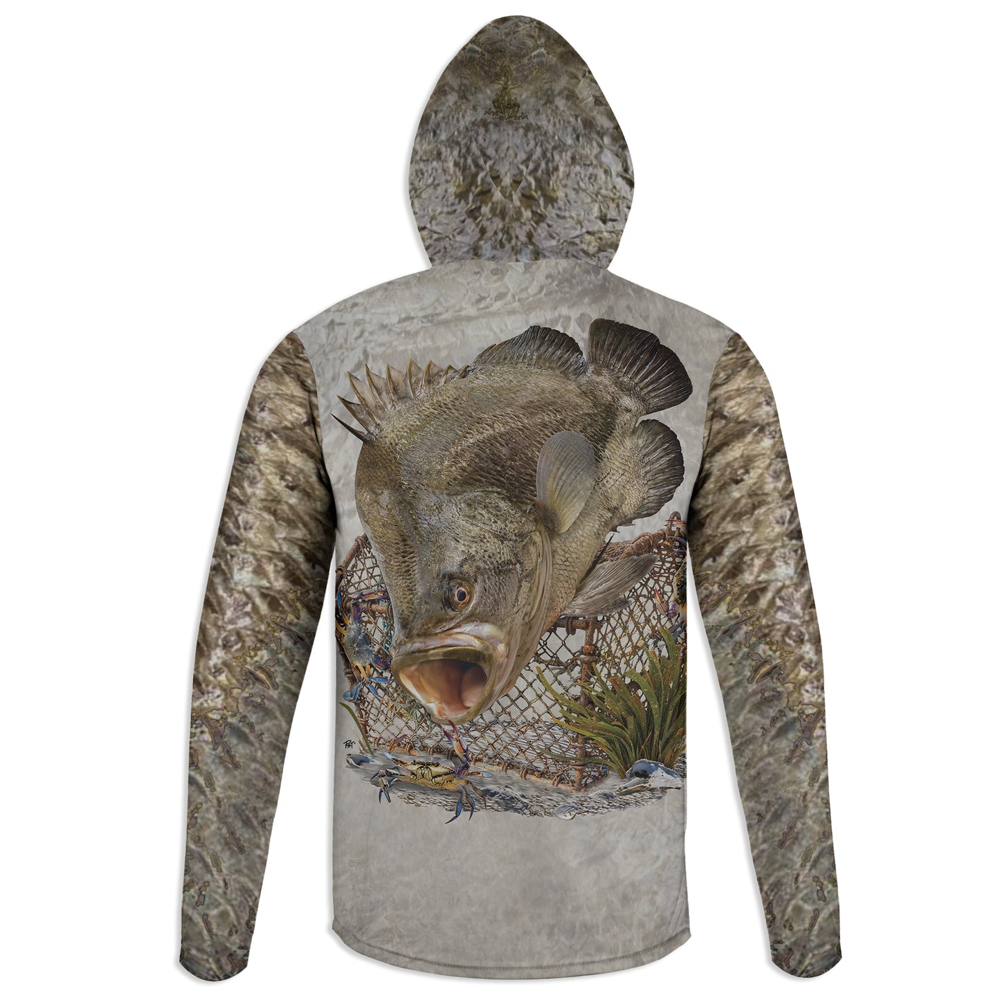 Tripletail and Crab Cage - Unisex Long Sleeve Sun Proof Performance Fishing Top with built in Hoodie and Gaiter (short sleeve option also available)