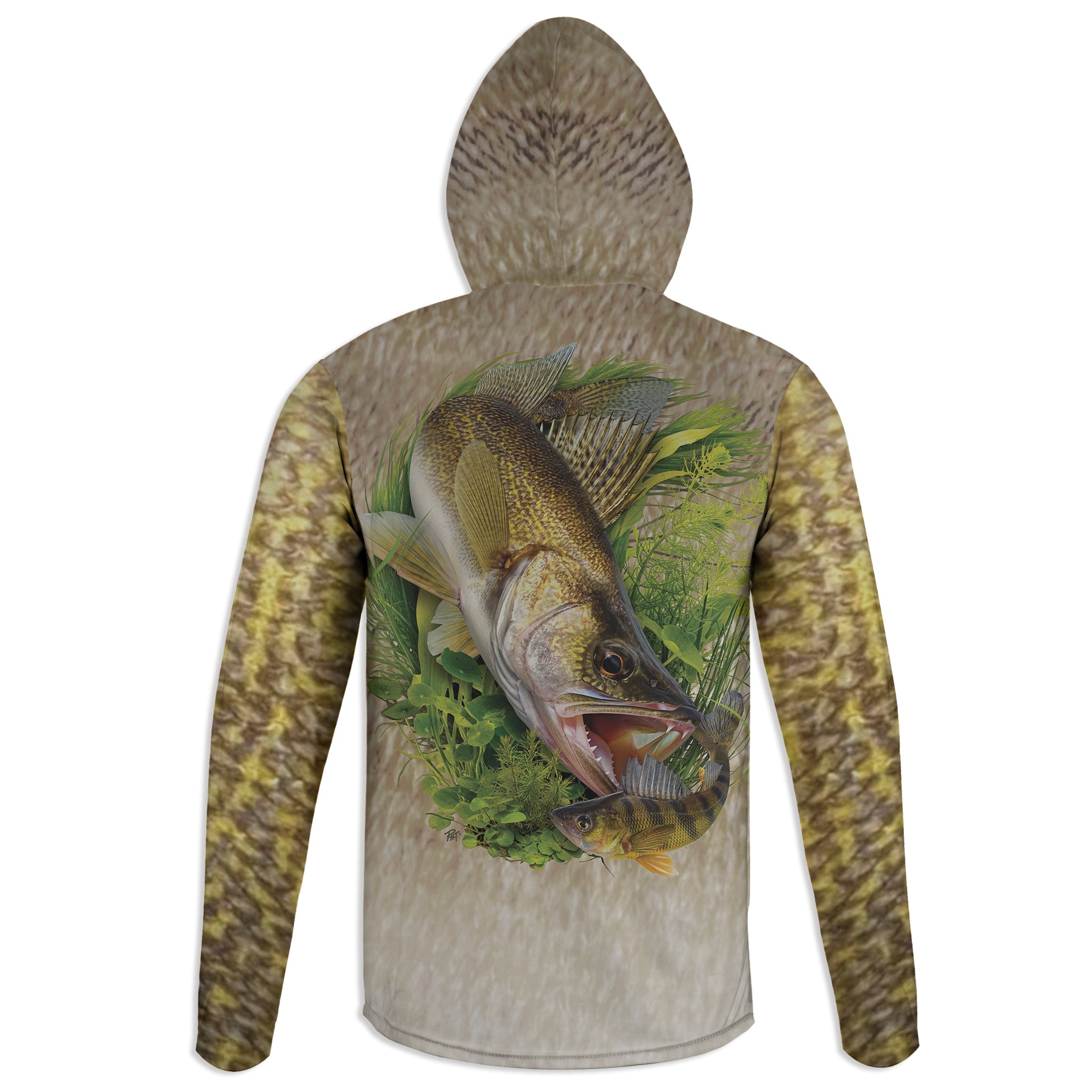 Walleye and Yellow Perch - Unisex Long Sleeve Sun Proof Performance Fishing Top with built in Hoodie and Gaiter (short sleeve option also available)