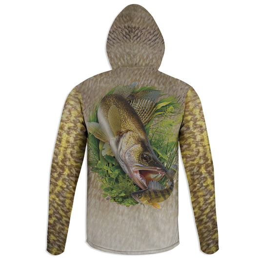Walleye and Yellow Perch - Unisex Long Sleeve Sun Proof Performance Fishing Top with built in Hoodie and Gaiter (short sleeve option also available)