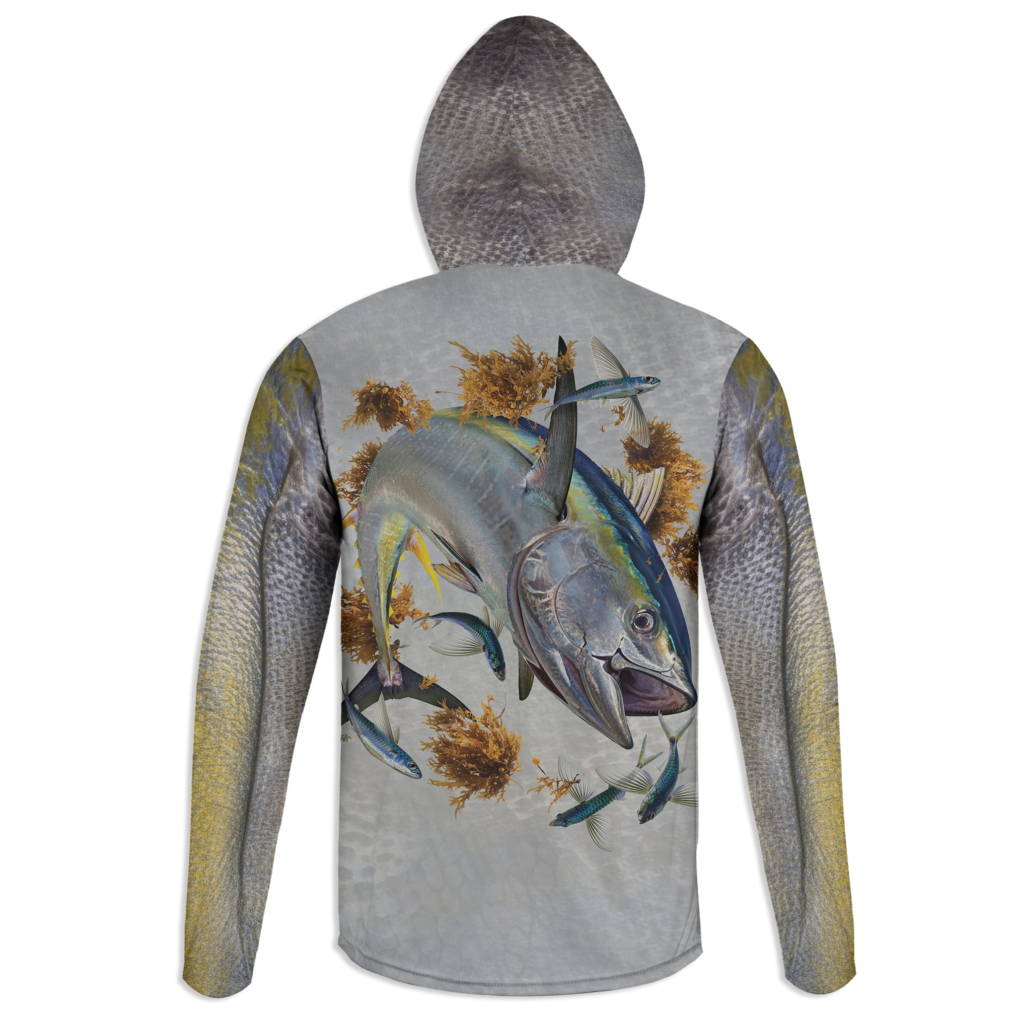 Yellowfin Tuna - Unisex Long Sleeve Sun Proof Performance Fishing Top with built in Hoodie and Gaiter (short sleeve option also available)
