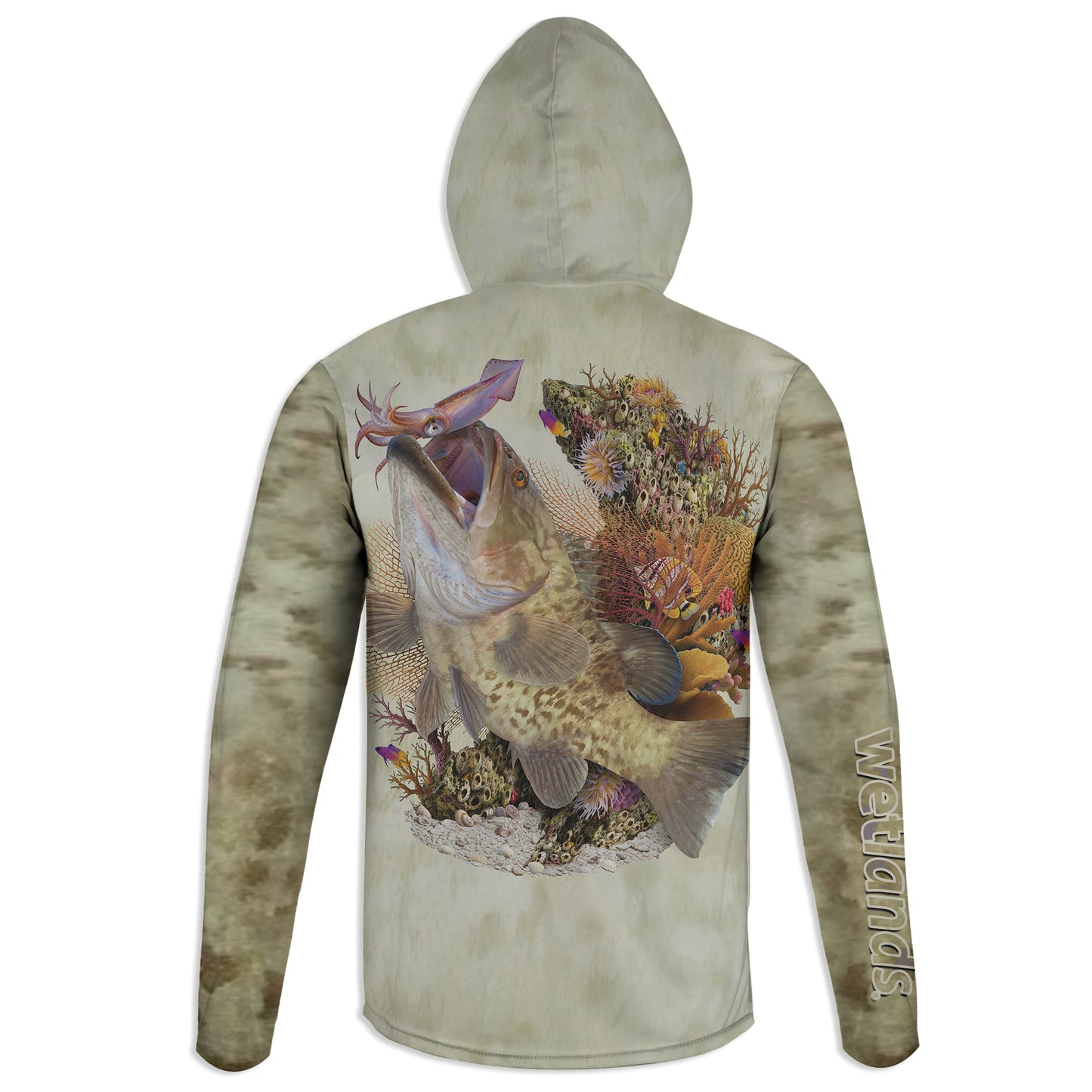 Gag Grouper and Squid- Unisex Long Sleeve Sun Proof Performance Fishing Top with built in Hoodie and Gaiter (short sleeve option also available)
