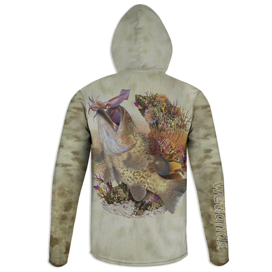 Gag Grouper and Squid- Unisex Long Sleeve Sun Proof Performance Fishing Top with built in Hoodie and Gaiter (short sleeve option also available)
