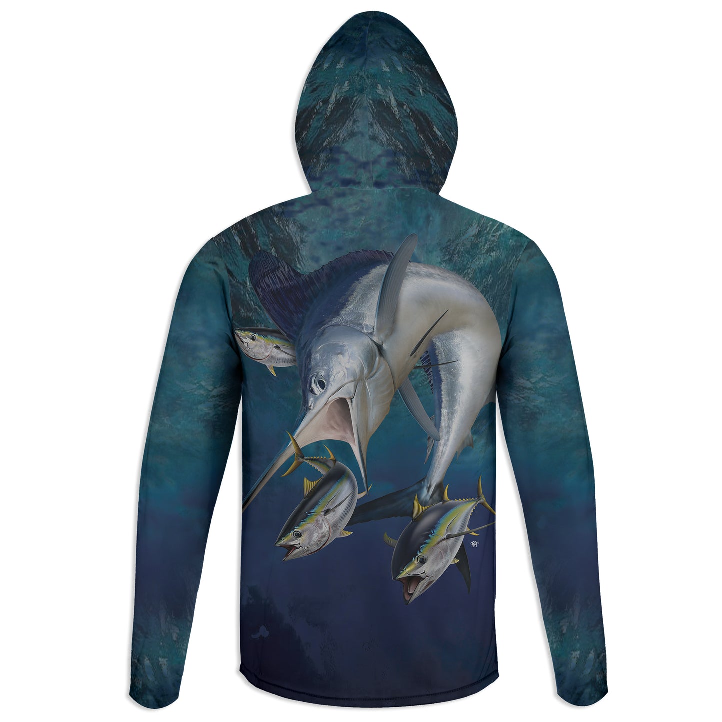 White Marlin and Tunas - Unisex Long Sleeve Sun Proof Performance Fishing Top with built in Hoodie and Gaiter (short sleeve option also available)