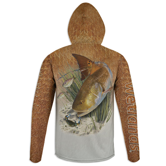 Tailing Redfish - Unisex Long Sleeve Sun Proof Performance Fishing Top with built in Hoodie and Gaiter (short sleeve option also available)