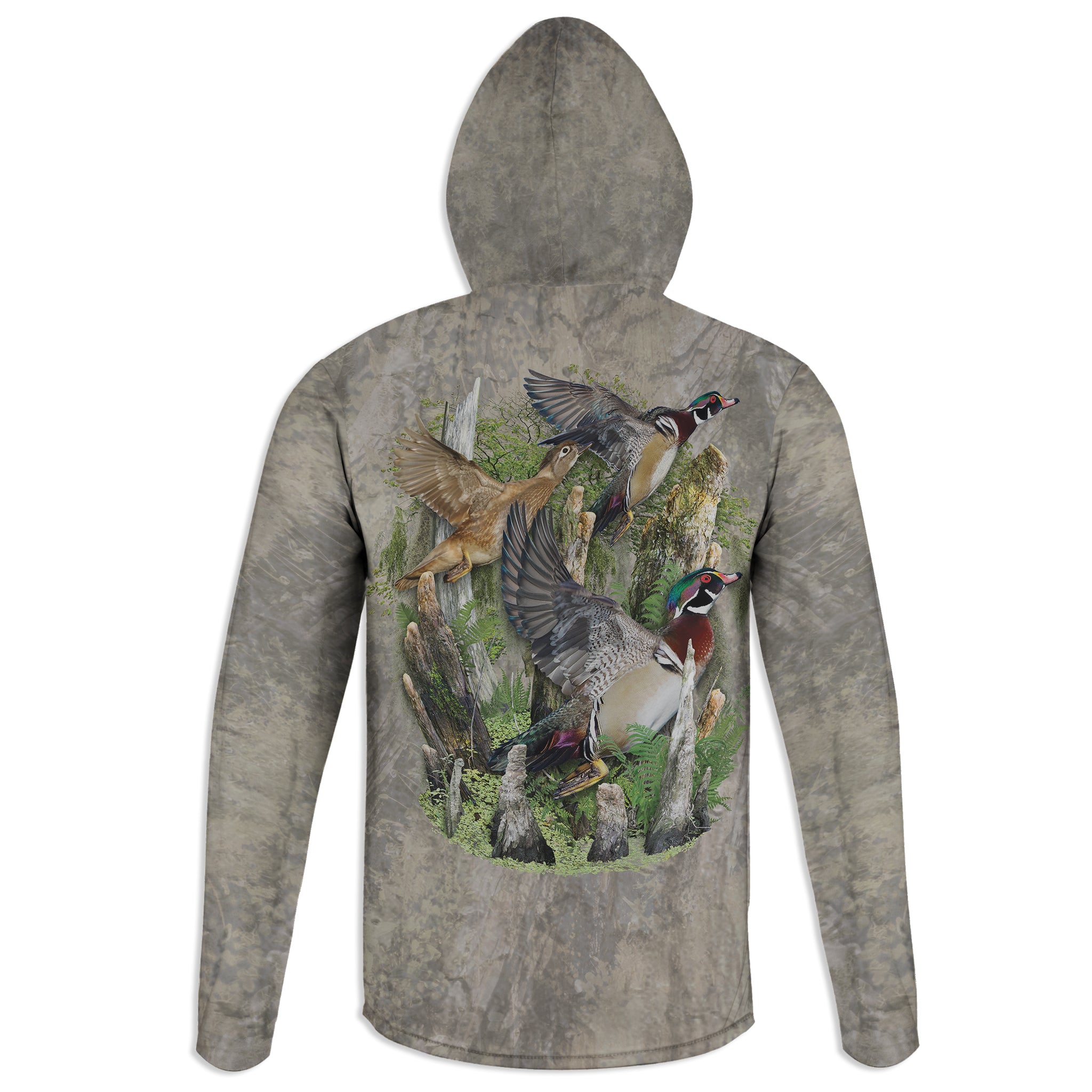 Wood Ducks - Unisex Long Sleeve Sun Proof Performance Fishing Top with built in Hoodie (short sleeve option also available)