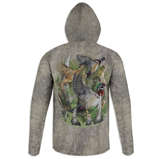 Wood Ducks - Unisex Long Sleeve Sun Proof Performance Fishing Top with built in Hoodie (short sleeve option also available)