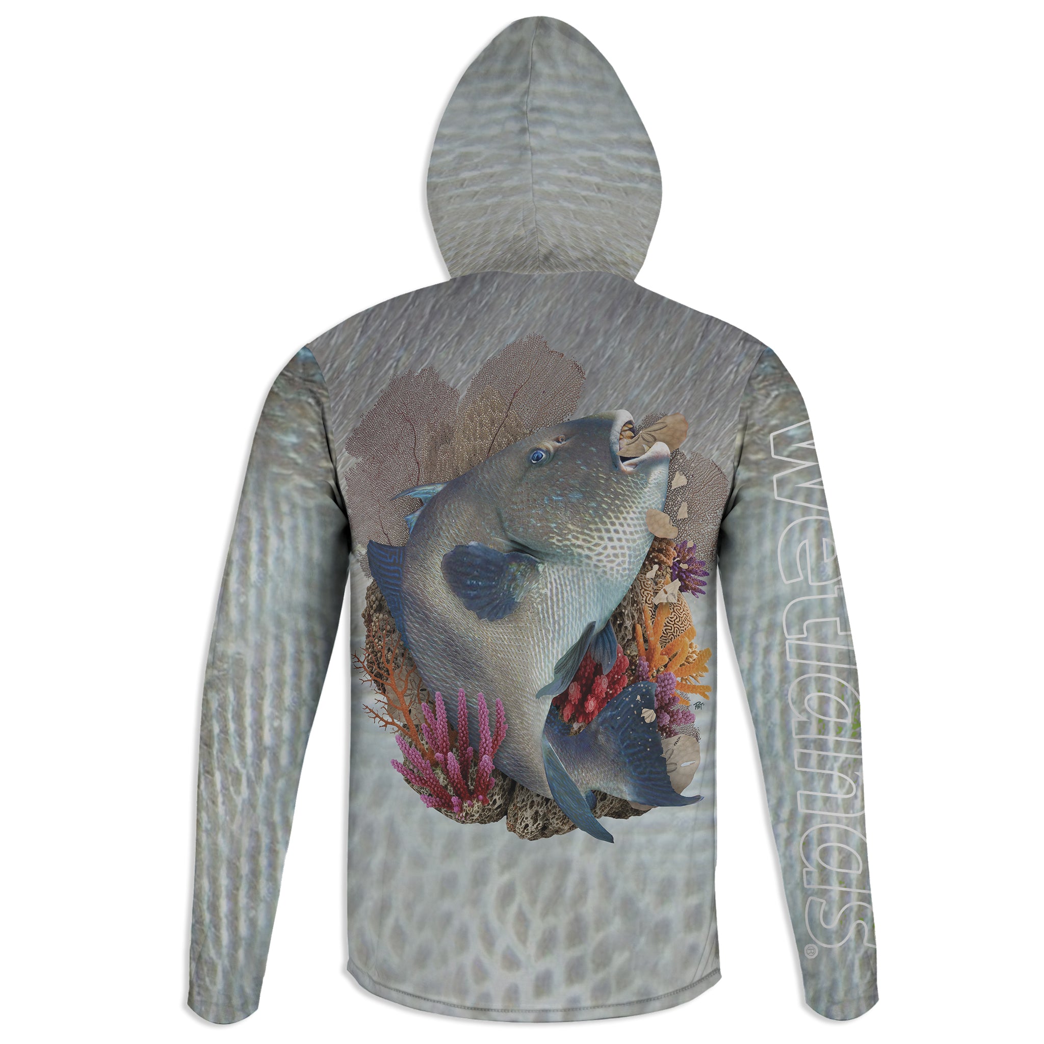 Gray Triggerfish - Unisex Long Sleeve Sun Proof Performance Fishing Top with built in Hoodie and Gaiter (short sleeve option also available)